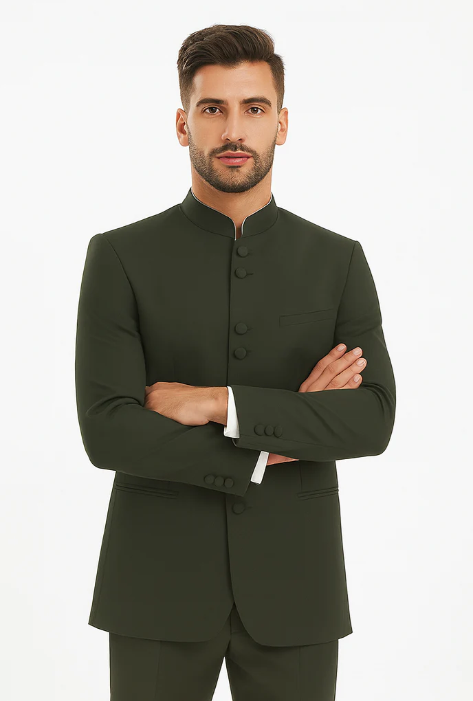 Marriage Groom Wedding Indian Nehru Suit Jacket Mens Blazer Olive (Jacket + Pants) $99 - Image 6