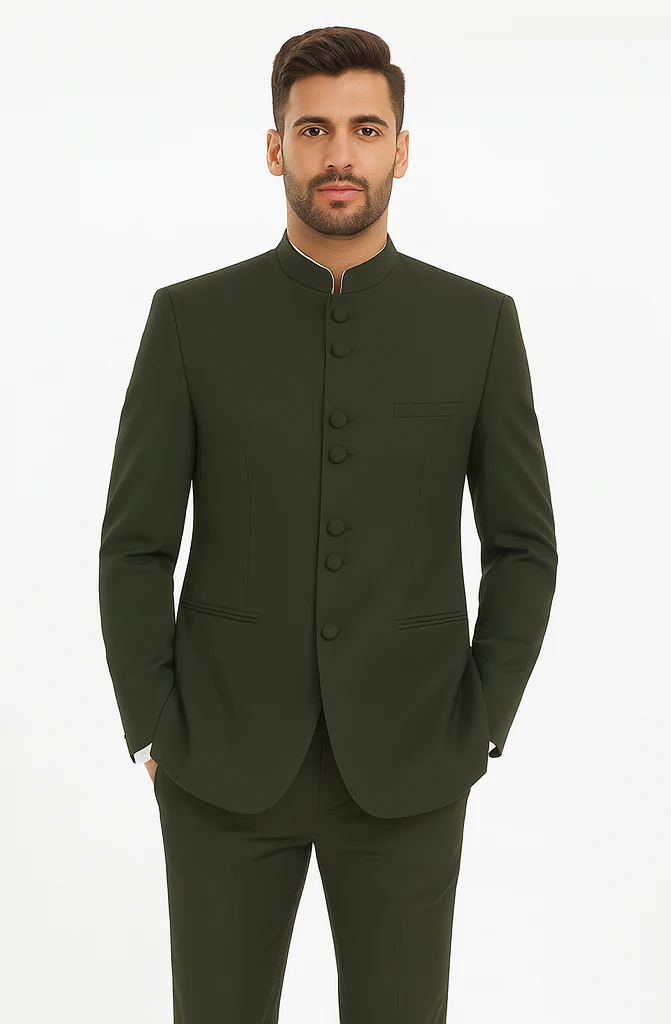 Marriage Groom Wedding Indian Nehru Suit Jacket Mens Blazer Olive (Jacket + Pants) $99 - Image 7