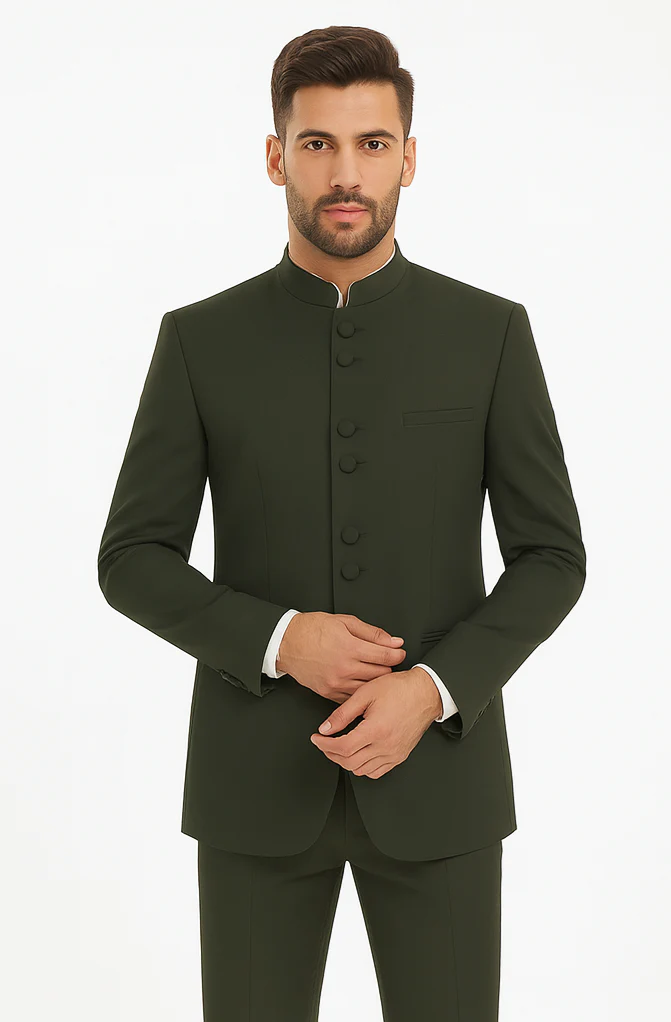 Marriage Groom Wedding Indian Nehru Suit Jacket Mens Blazer Olive (Jacket + Pants) $99 - Image 8