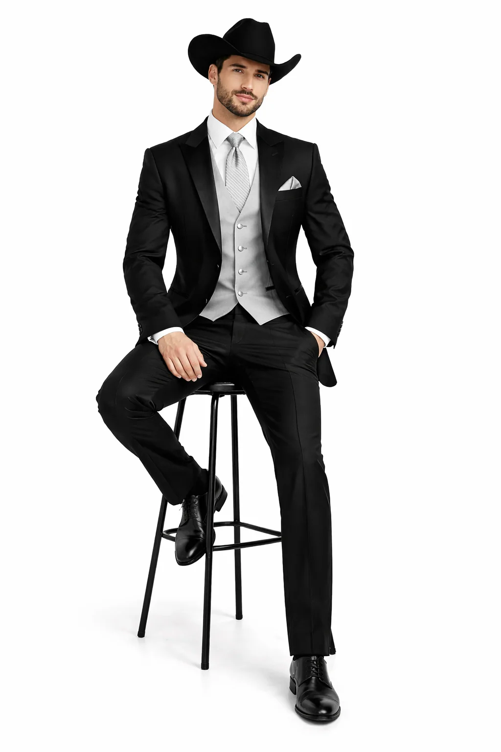 Men 2 Button Trim Cowboy in Black Cowboy Suit - Country Besom Pockets Wedding Suits - Image 4