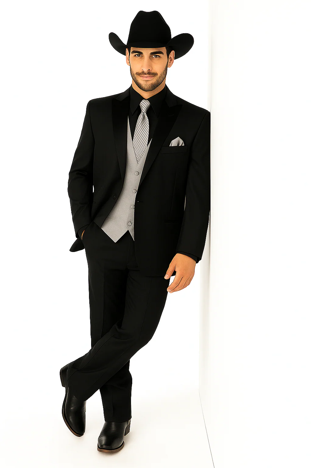 Men 2 Button Trim Cowboy in Black Cowboy Suit - Country Besom Pockets Wedding Suits - Image 9