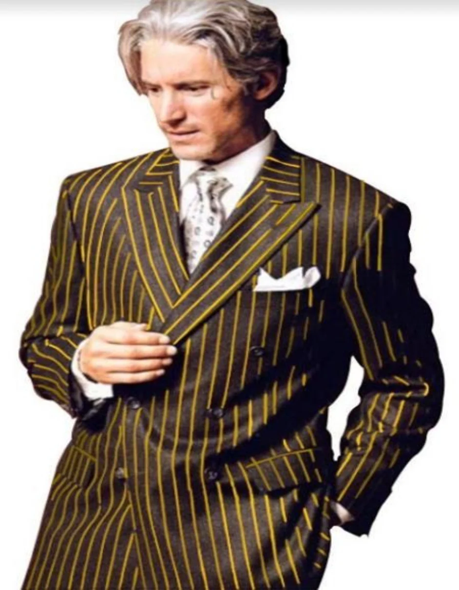 Men Chalk Stripe Suits - Black and Gold Suits
