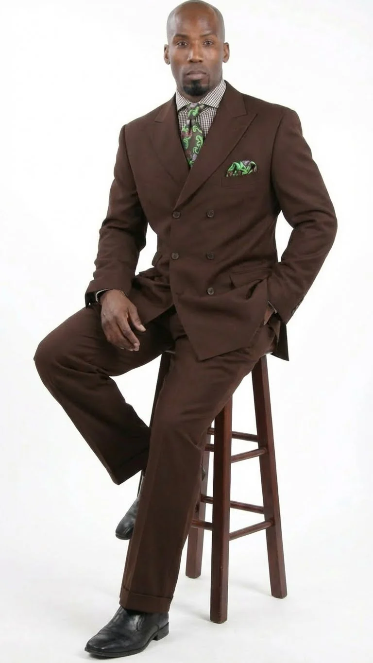 Men’s 6 on 3 Style Brown Double Breasted Suit with Wide Leg Pleated Pants, Classic Formal 2 Piece Dress Suit Set - Image 4