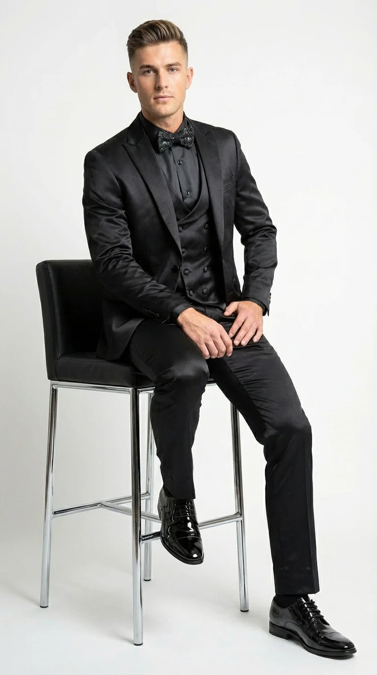 Men’s All Shiny Black Satin Suit – Black Satin Tuxedo Suit for Prom, Wedding, Formal Party and Evening Events Double breasted Vest - Image 13