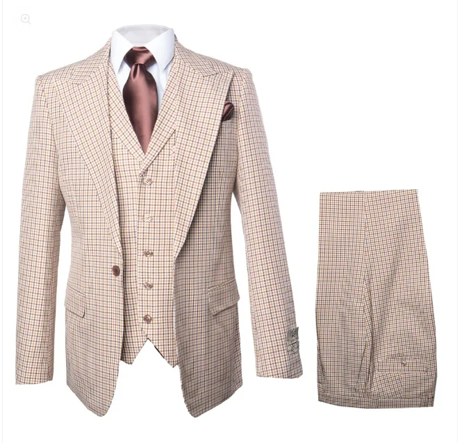Men’s Beige tan Checkered Three Piece Suit with Classic Fit Wide Leg Pleated Pants by Rossiman khaki color - Image 10