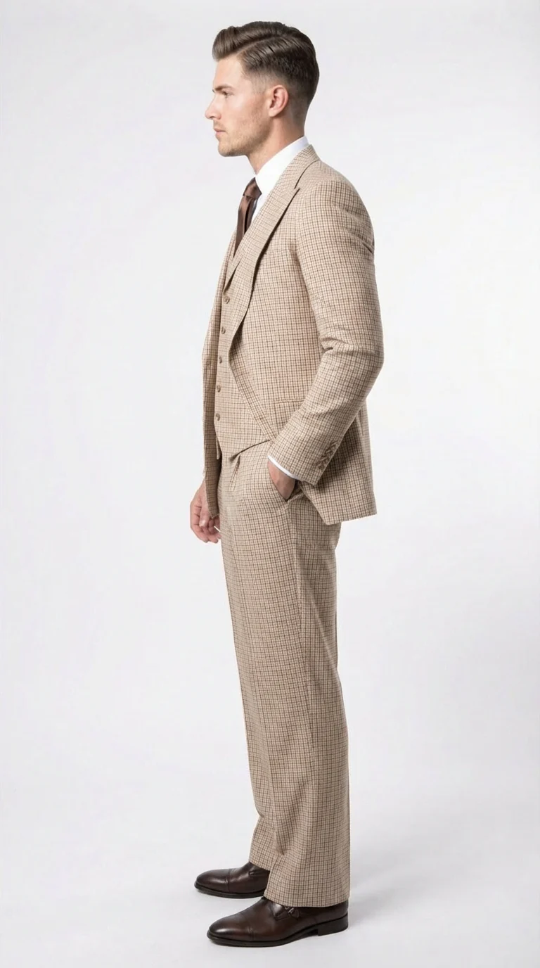 Men’s Beige tan Checkered Three Piece Suit with Classic Fit Wide Leg Pleated Pants by Rossiman khaki color - Image 3