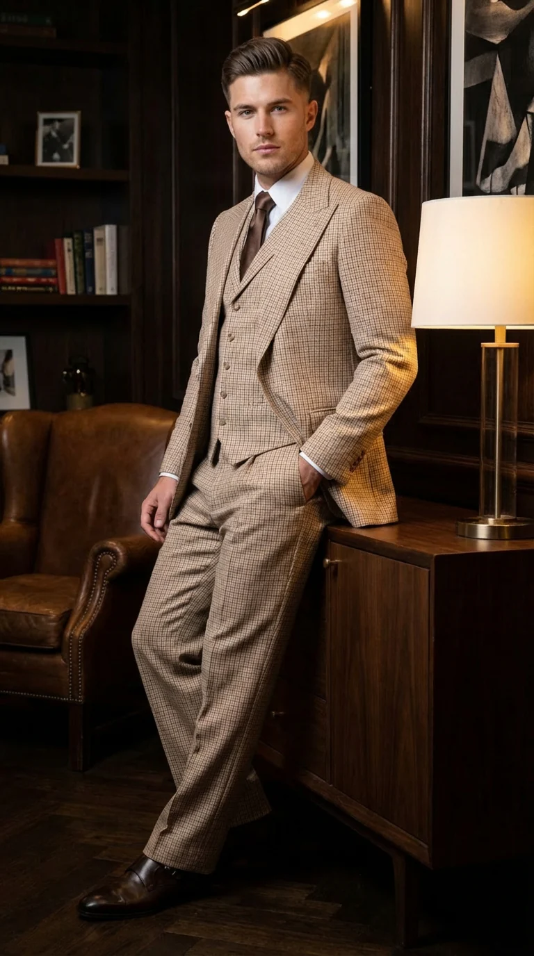 Men’s Beige tan Checkered Three Piece Suit with Classic Fit Wide Leg Pleated Pants by Rossiman khaki color - Image 5