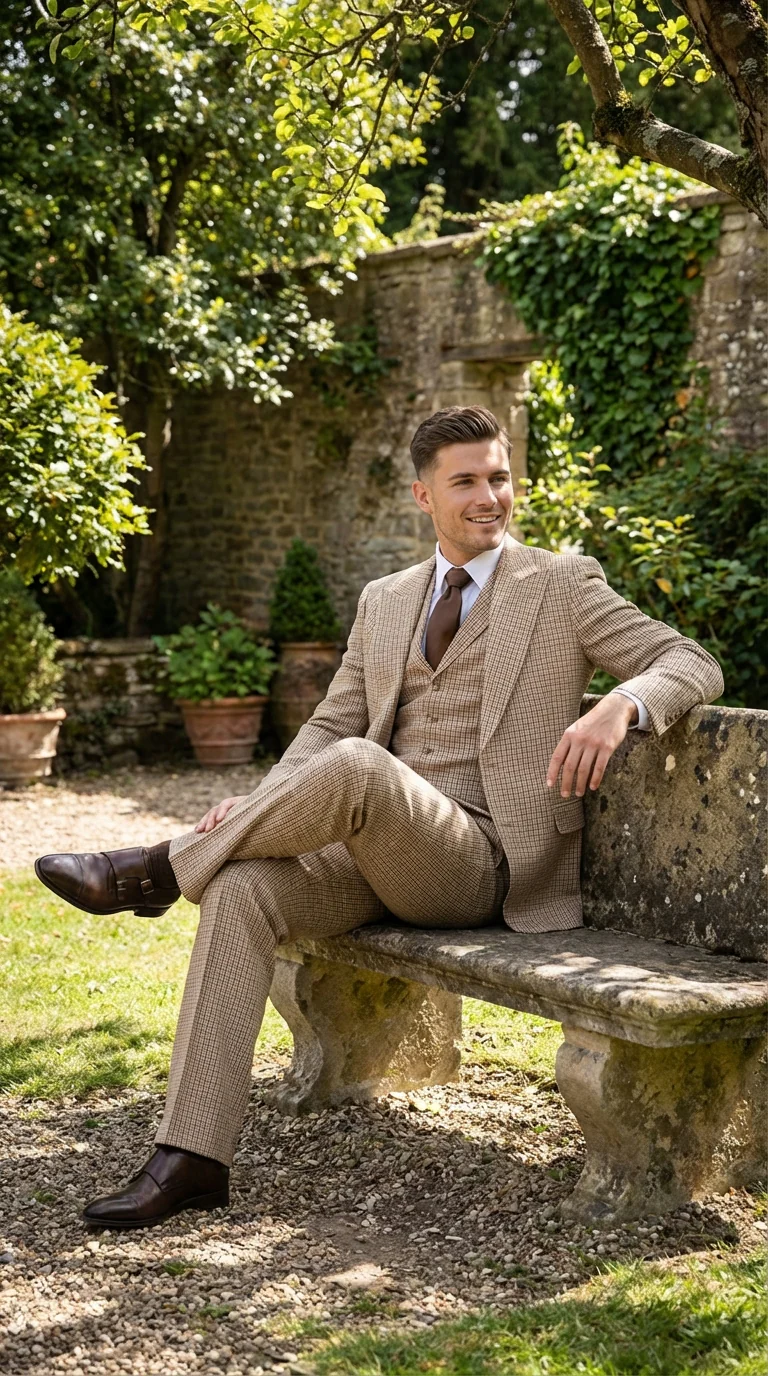 Men’s Beige tan Checkered Three Piece Suit with Classic Fit Wide Leg Pleated Pants by Rossiman khaki color - Image 9