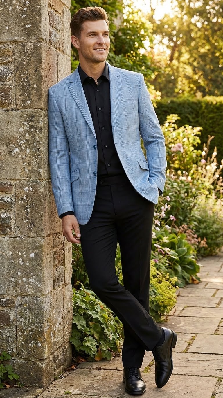 Men’s Big and Tall Light Blue Checkered Blazer and Sport Coat – Sky powder blue windowpane plaid pattern Jacket - Image 9