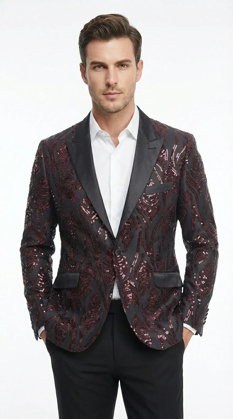 Men’s Black and Burgundy Sequin Blazer – Black Sparkle Sequin Party Blazer with Burgundy Pattern for Prom, Wedding Slim Fitted - Image 6