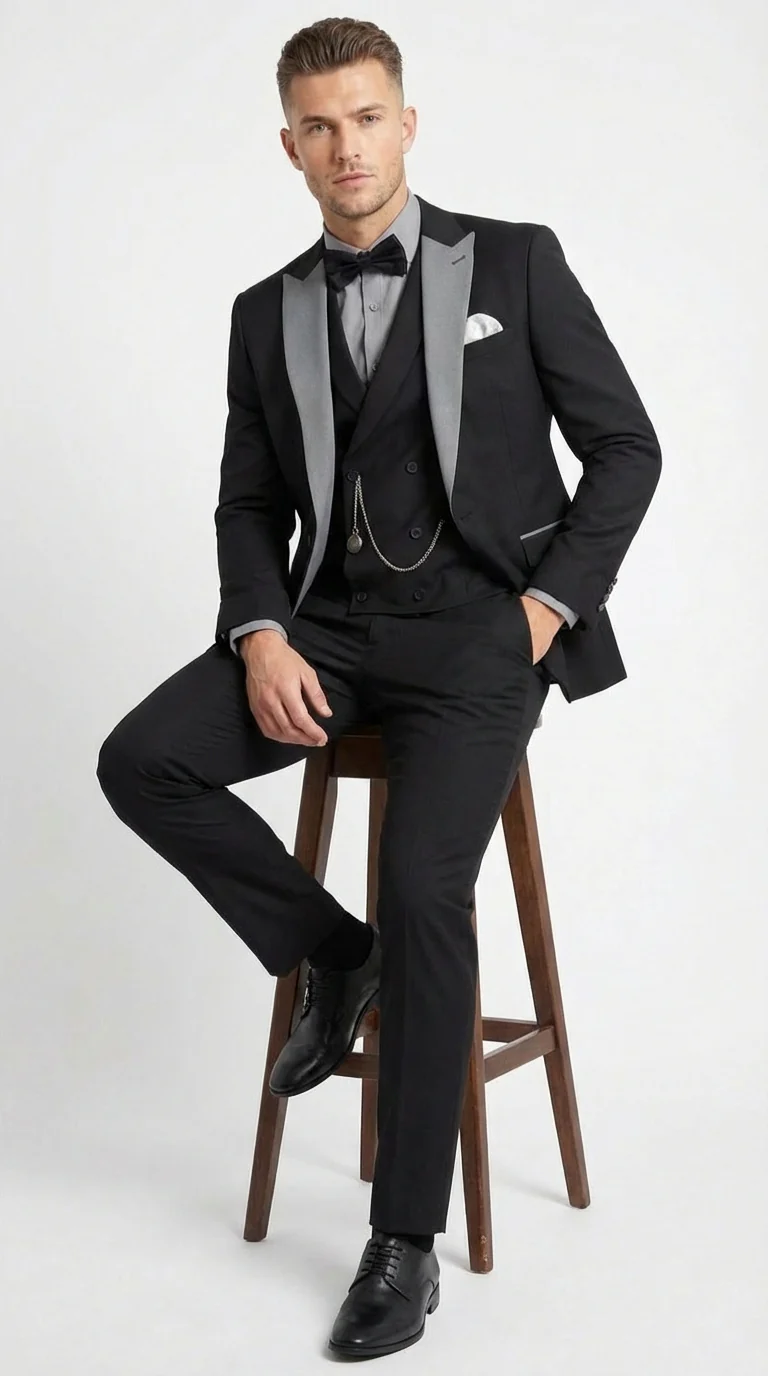 Men’s Black And White Lapel 3 Piece Tuxedo Suit with Silver Gray Satin Lapel | Formal Wedding Prom Suit Set - Image 2