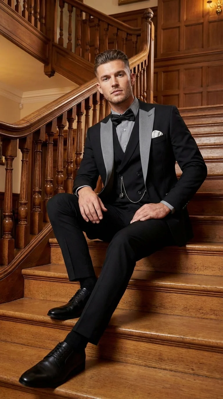 Men’s Black And White Lapel 3 Piece Tuxedo Suit with Silver Gray Satin Lapel | Formal Wedding Prom Suit Set - Image 7
