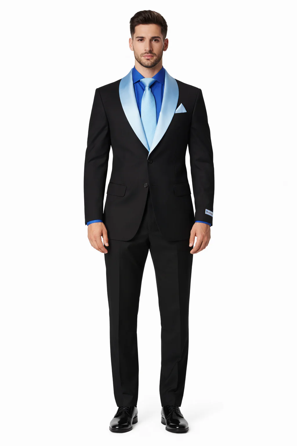 Men’s Black Blazer Suit with White & Sky Blue Lapel – Elegant Wedding Style