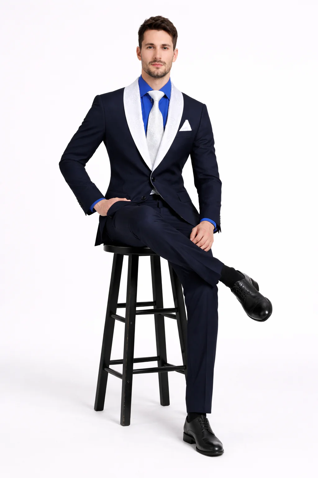 Men’s Black Blazer Suit with White & Sky Blue Lapel – Elegant Wedding Style - Image 12