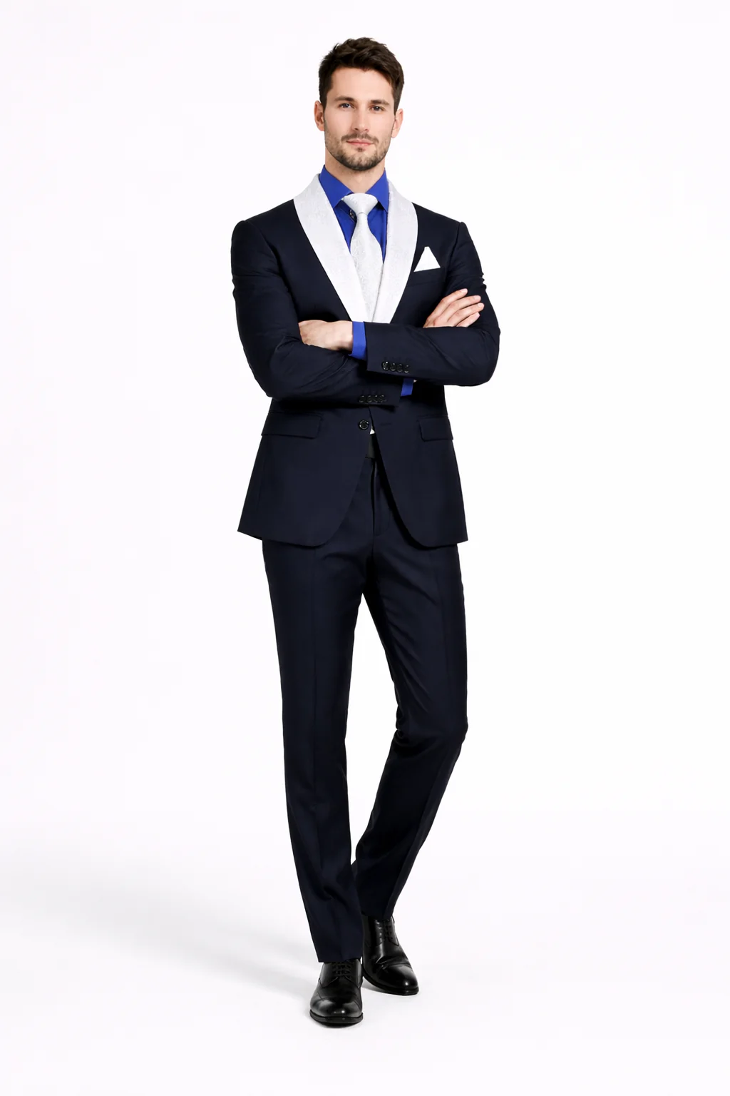 Men’s Black Blazer Suit with White & Sky Blue Lapel – Elegant Wedding Style - Image 13