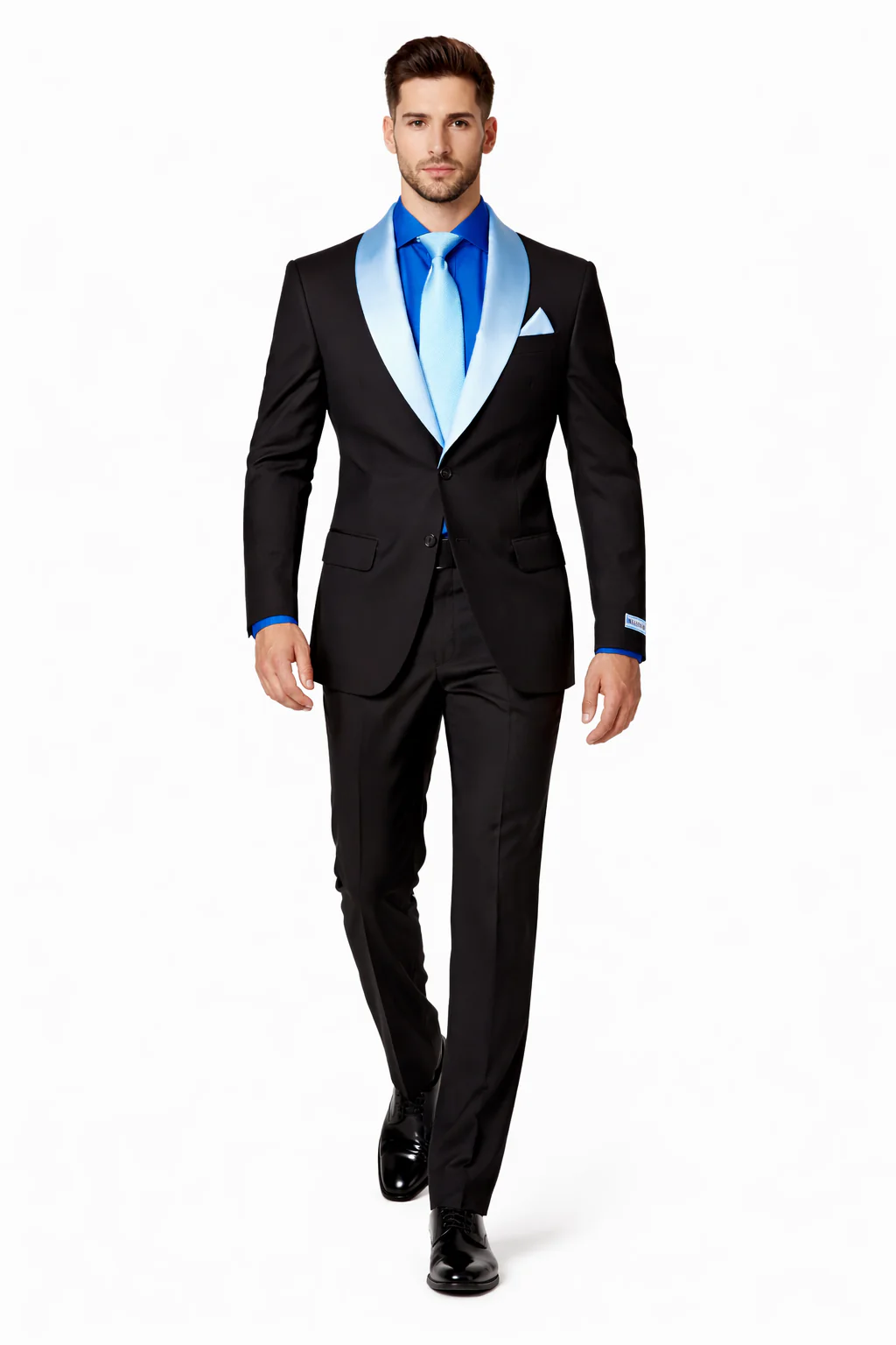 Men’s Black Blazer Suit with White & Sky Blue Lapel – Elegant Wedding Style - Image 2