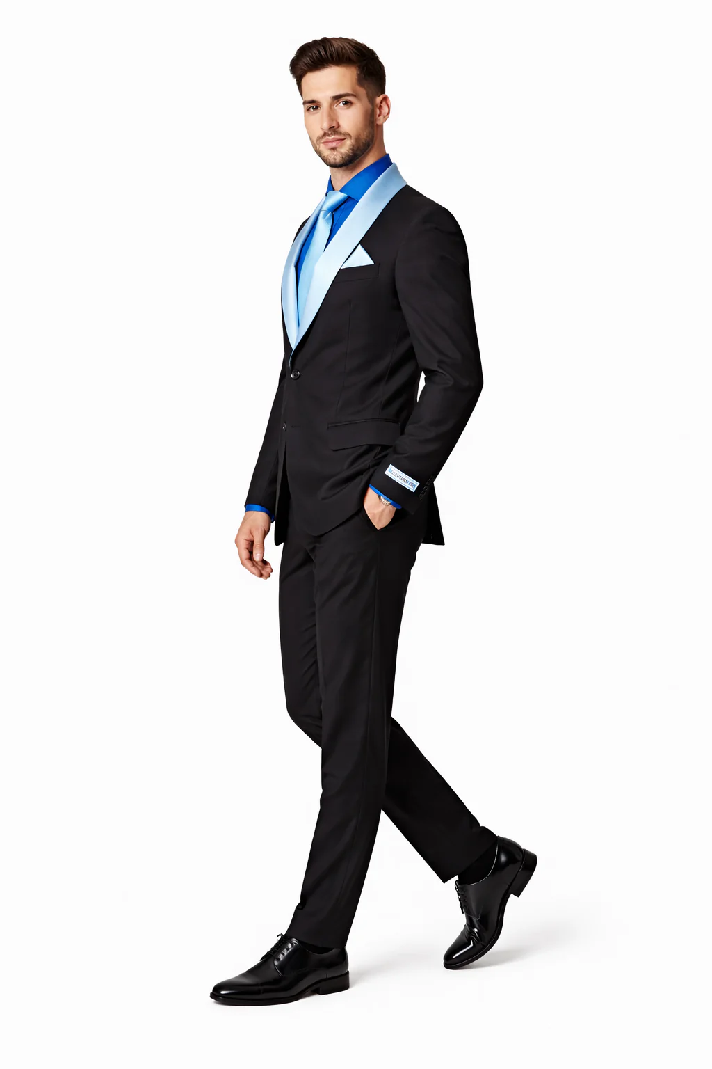 Men’s Black Blazer Suit with White & Sky Blue Lapel – Elegant Wedding Style - Image 3