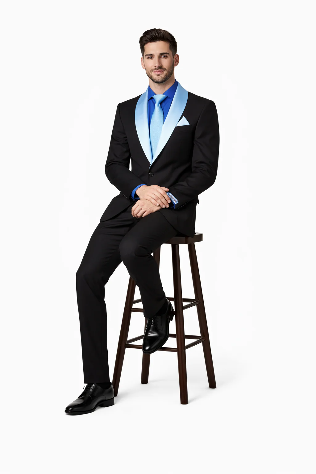 Men’s Black Blazer Suit with White & Sky Blue Lapel – Elegant Wedding Style - Image 4