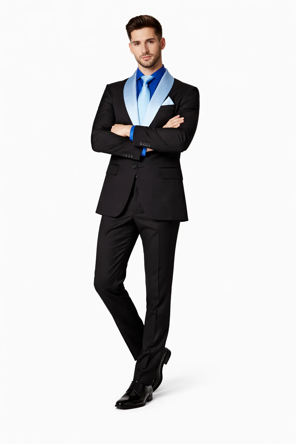 Men’s Black Blazer Suit with White & Sky Blue Lapel – Elegant Wedding Style - Image 5