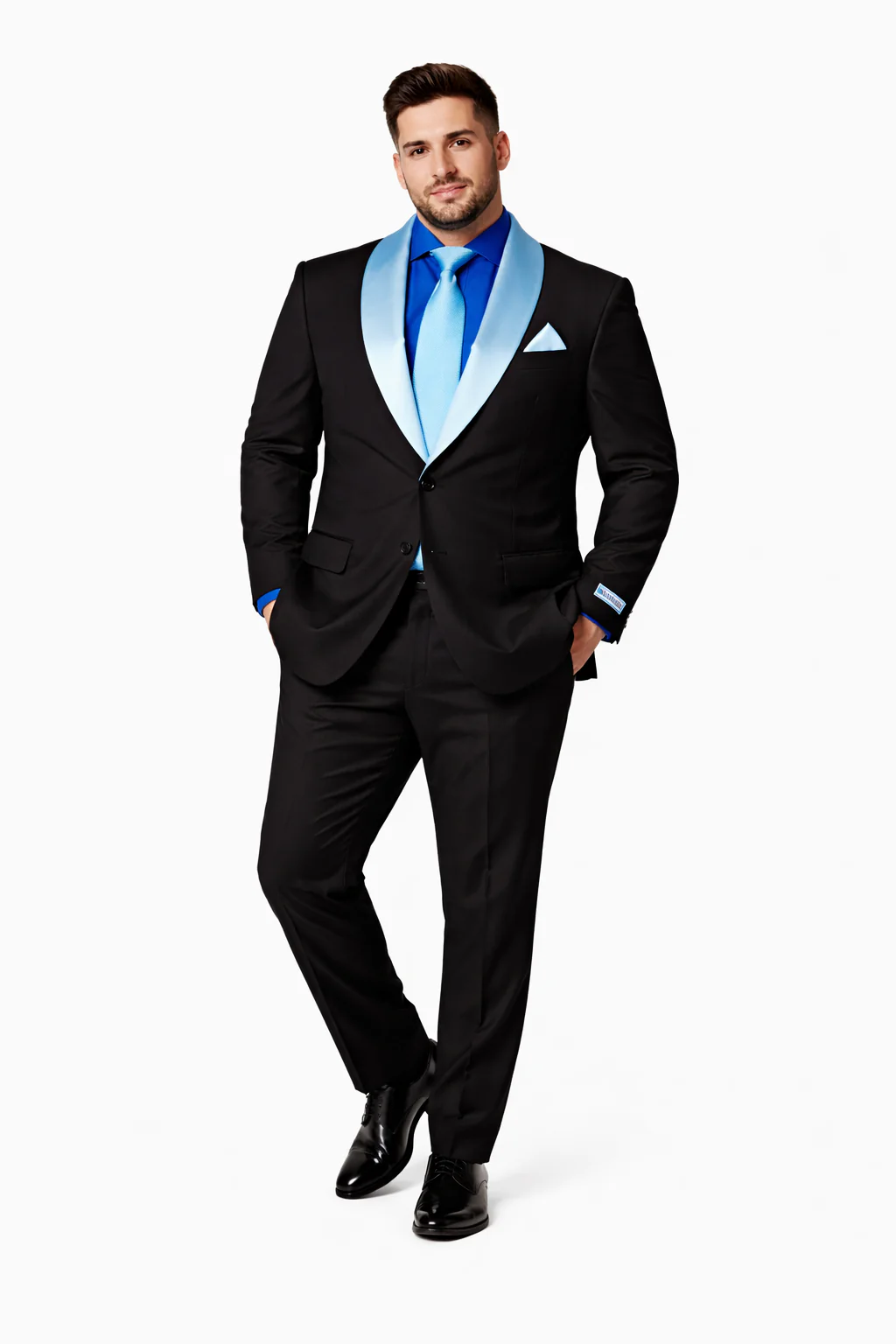 Men’s Black Blazer Suit with White & Sky Blue Lapel – Elegant Wedding Style - Image 6