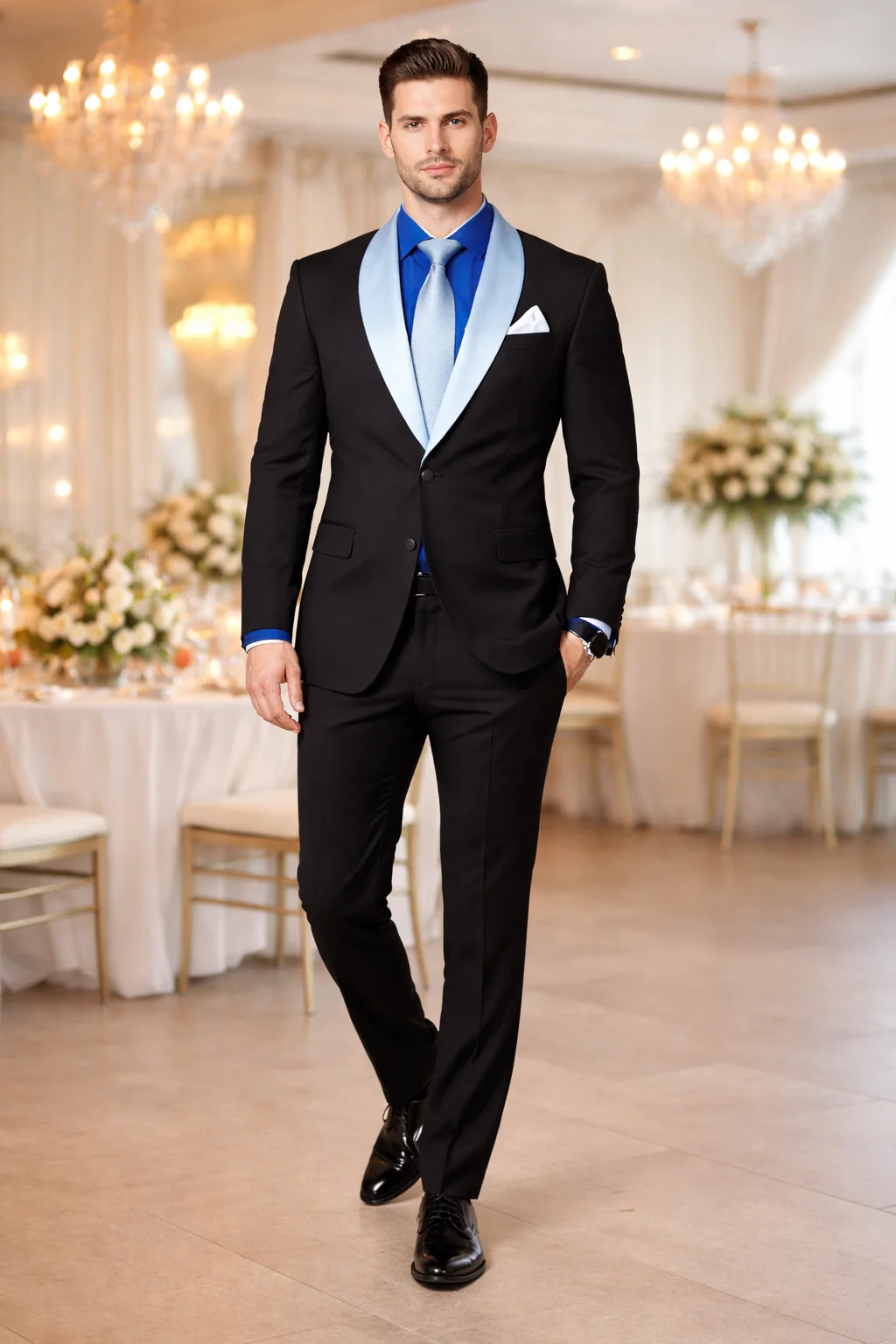 Men’s Black Blazer Suit with White & Sky Blue Lapel – Elegant Wedding Style - Image 7