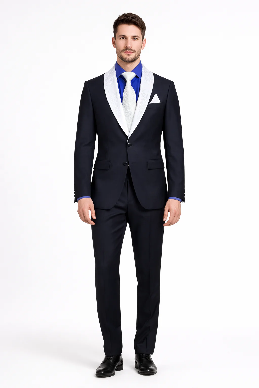 Men’s Black Blazer Suit with White & Sky Blue Lapel – Elegant Wedding Style - Image 9