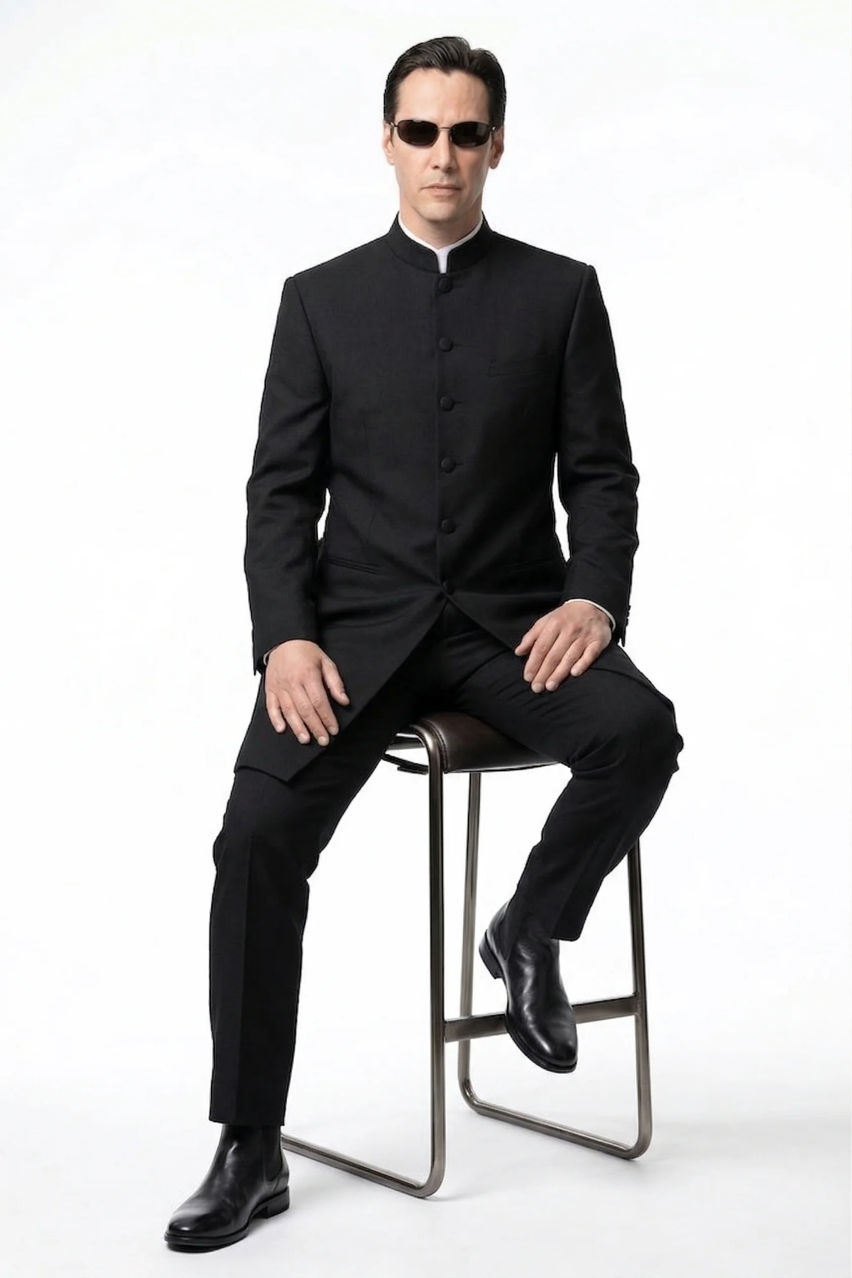 Men’s Black Coat Matrix Keanu Reeves Inspired Long Coat – Classic Mandarin Collar Formal Overcoat, Stylish Winter Trench Coat, Neo Style Jacket - Image 4
