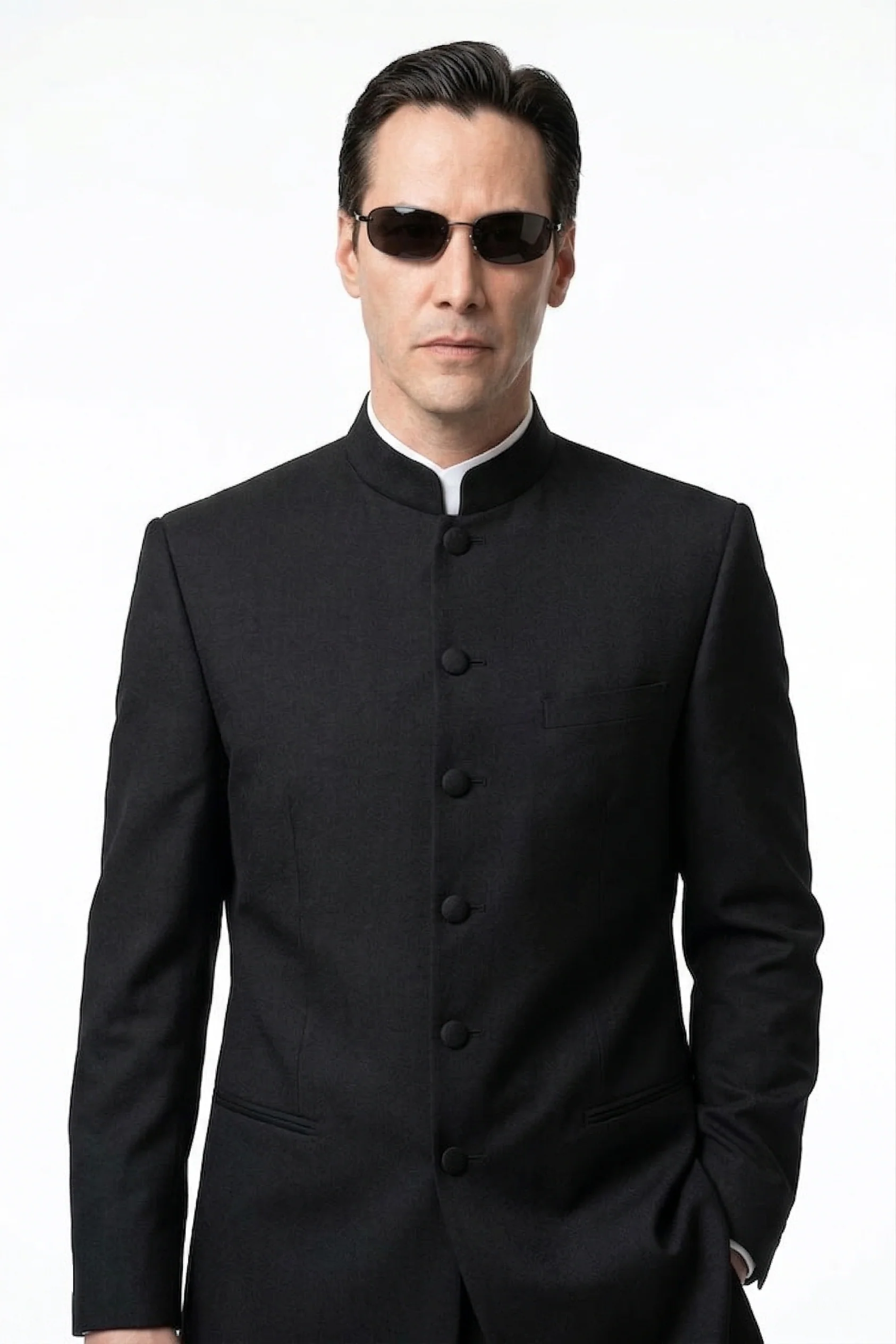 Men’s Black Coat Matrix Keanu Reeves Inspired Long Coat – Classic Mandarin Collar Formal Overcoat, Stylish Winter Trench Coat, Neo Style Jacket - Image 5