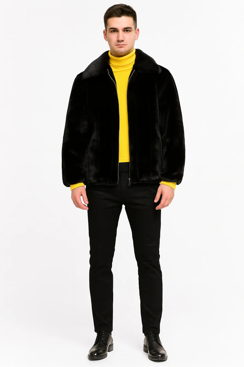 Men’s Black Faux Fur Jacket – Luxury Winter Zip-Up Coat with Soft Plush Finish - Image 4