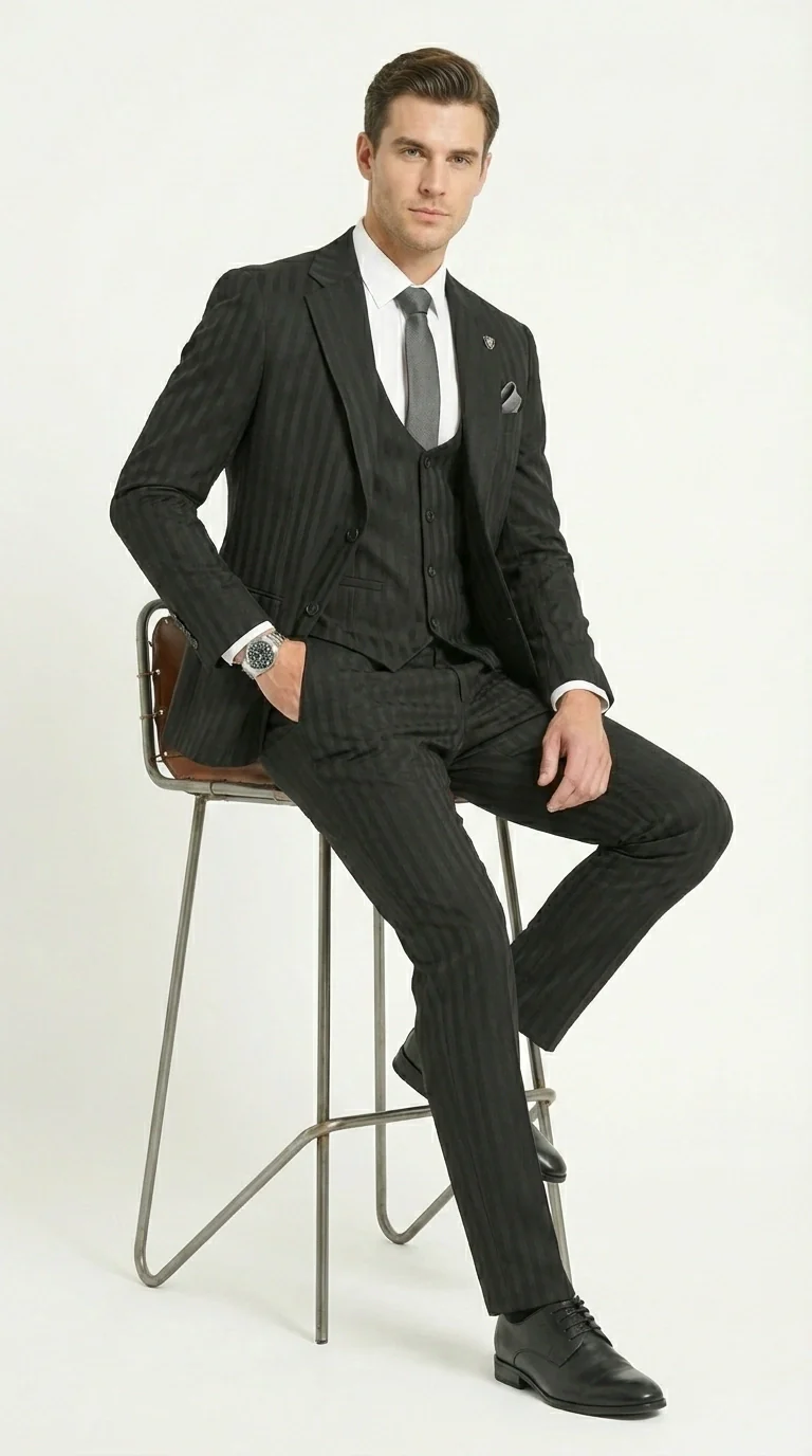 Men’s Black Pinstripe 3 Piece Suit – Vested Formal Business Suit for Wedding, Office, Prom and Party Wear - Image 10