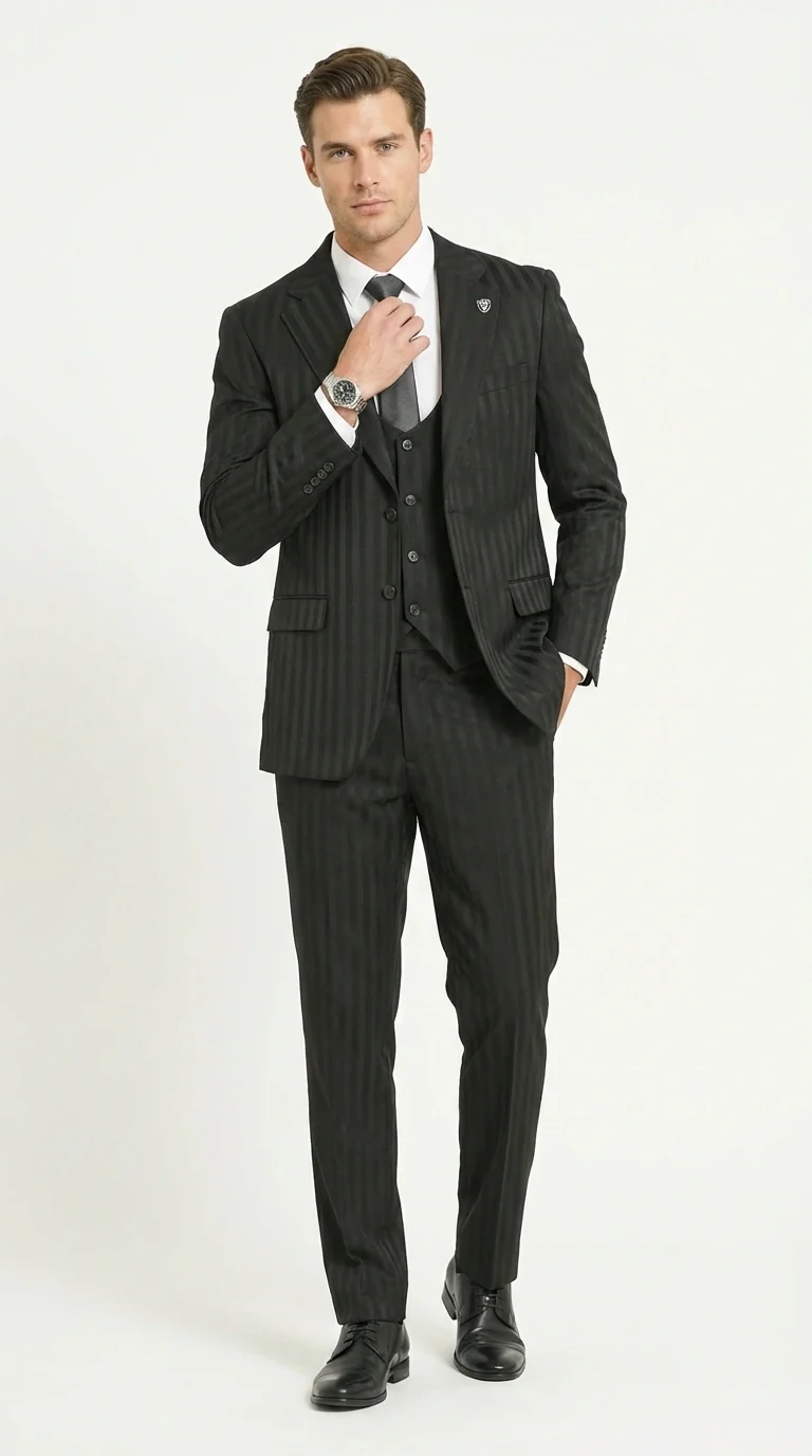 Men’s Black Pinstripe 3 Piece Suit – Vested Formal Business Suit for Wedding, Office, Prom and Party Wear - Image 2