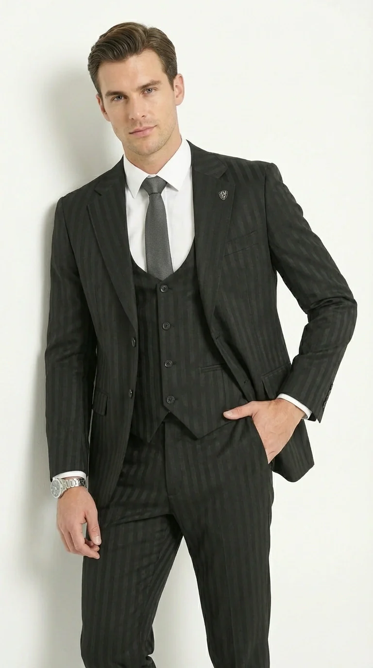 Men’s Black Pinstripe 3 Piece Suit – Vested Formal Business Suit for Wedding, Office, Prom and Party Wear - Image 3