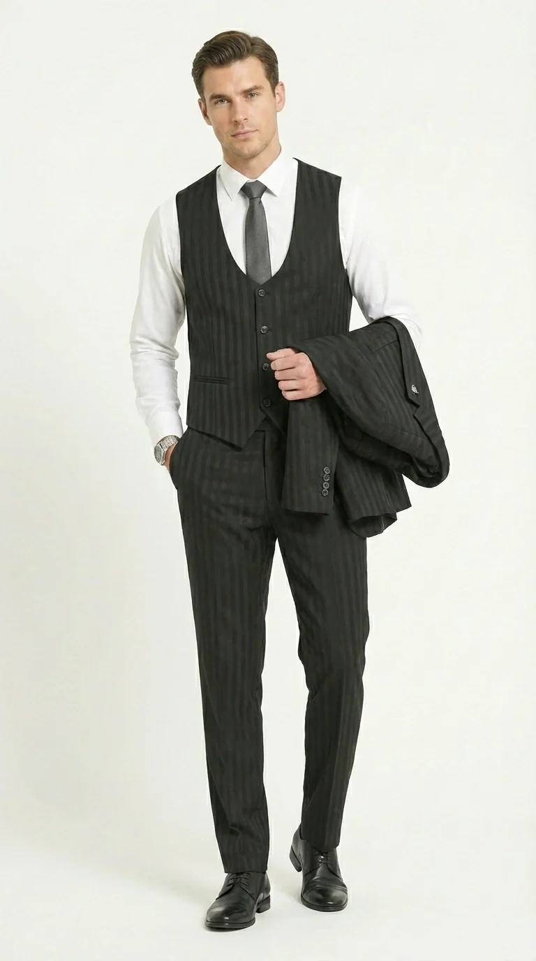 Men’s Black Pinstripe 3 Piece Suit – Vested Formal Business Suit for Wedding, Office, Prom and Party Wear - Image 8