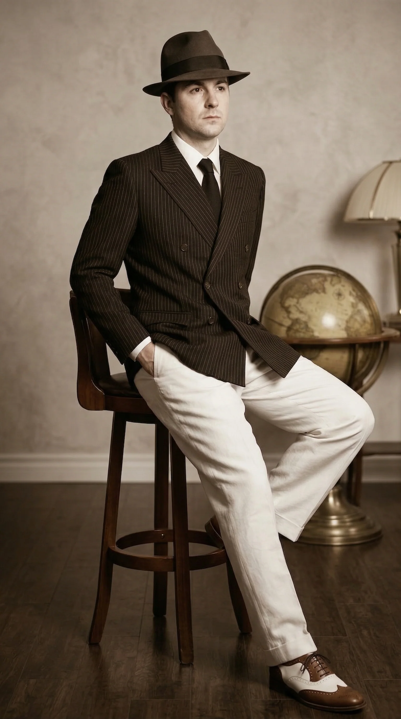 Men’s Black Pinstripe Blazer with White Pants 1920s Gangster Mob Boss Style Suit – Double Breasted Vintage Formal Jacket, Classic Party Costume Wear - Image 11