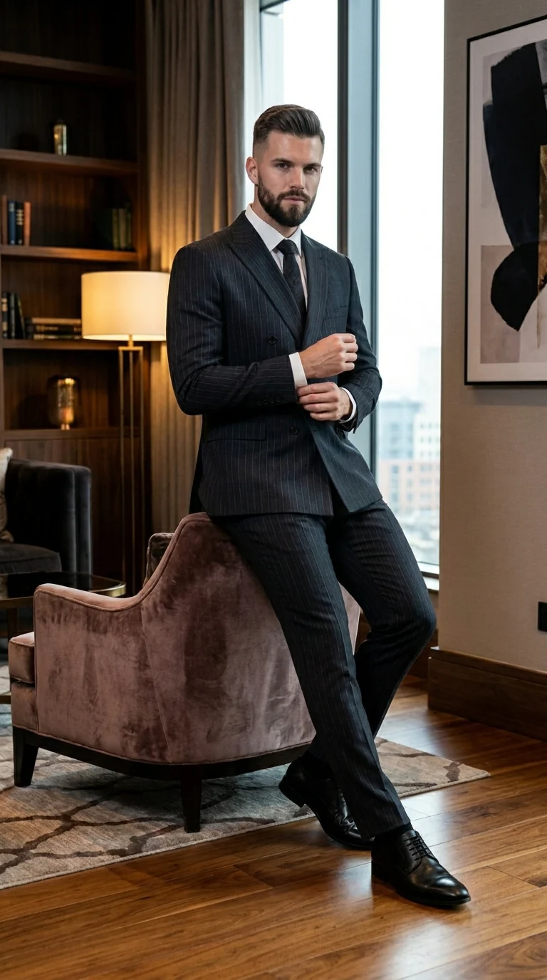 Men’s Black Pinstripe Double Breasted Suit – Classic Formal Business Suit Office and Evening Wear Modern Fit Conservative pattern - Image 13