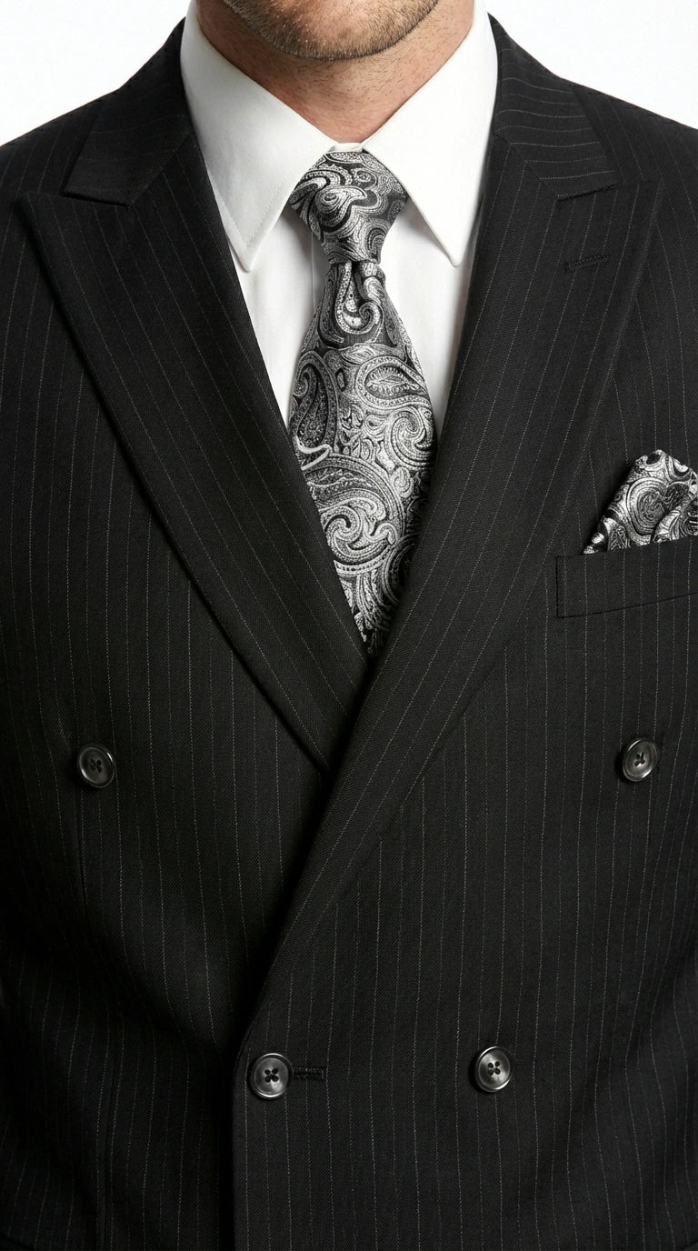 Men’s Black Pinstripe Double Breasted Suit – Peak Lapel Classic Fit Formal Business Conservative settle stripe - Image 5