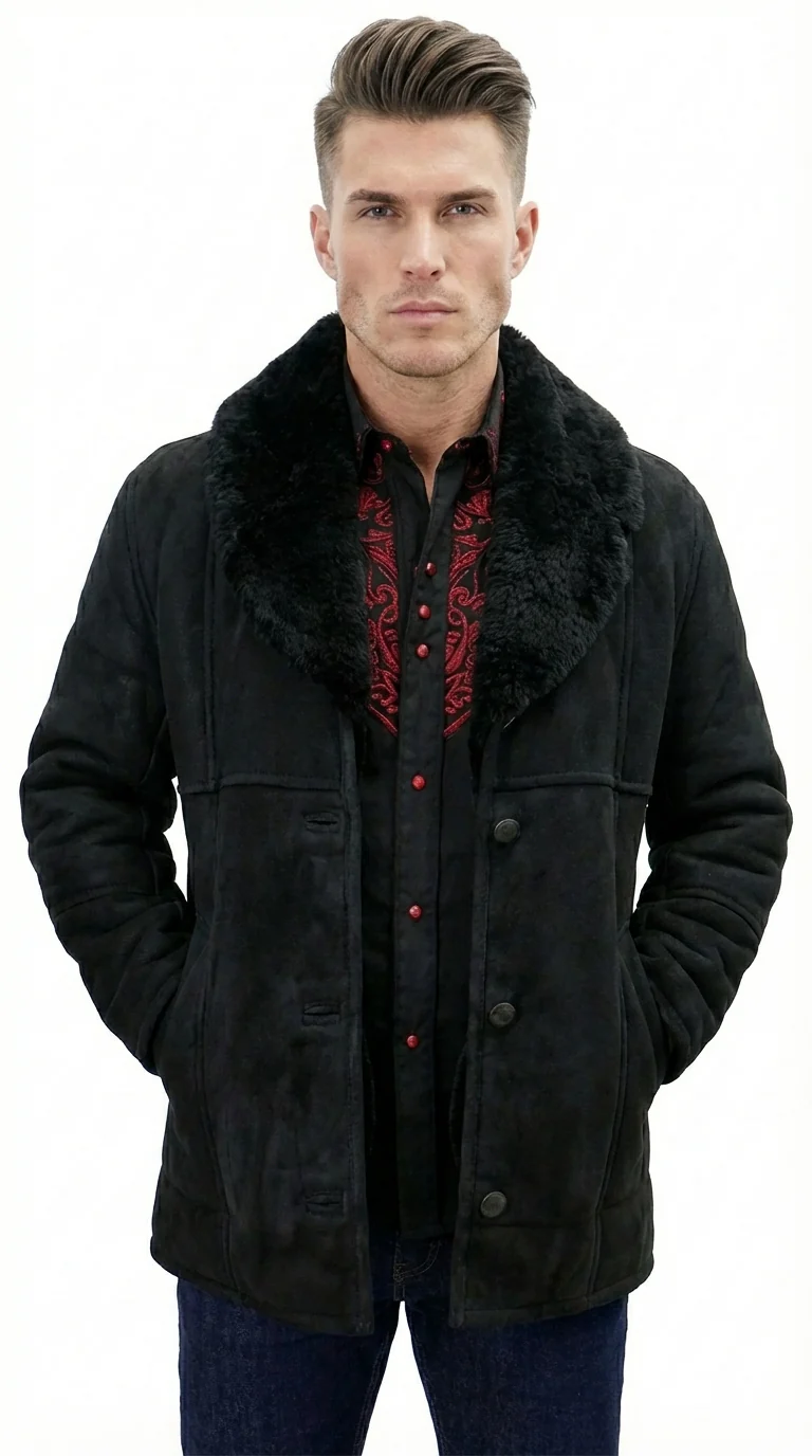 Men’s Black Sheepskin Leather Jacket Cowboy – Warm Faux Fur Collar Coat, Winter Long Jacket, Casual Western Style Outerwear - Image 3