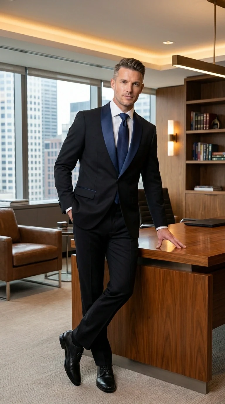 Men’s Black Suit with Navy Blue Lapel – Elegant Formal Tuxedo Style Suit for Wedding, Prom, Party and Evening Wear - Image 11