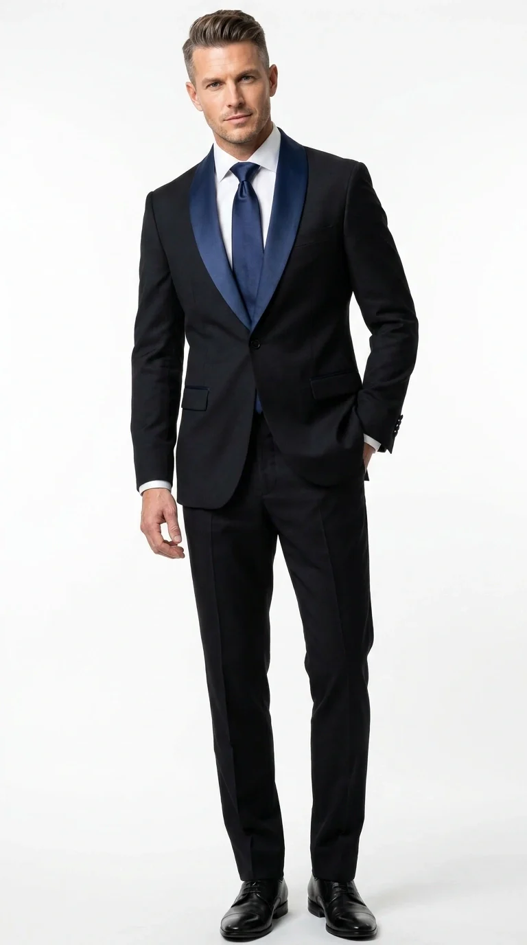 Men’s Black Suit with Navy Blue Lapel – Elegant Formal Tuxedo Style Suit for Wedding, Prom, Party and Evening Wear - Image 2