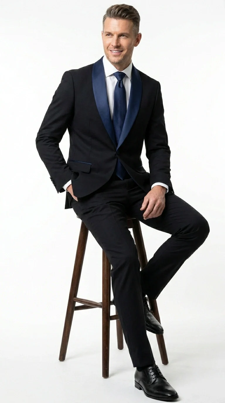 Men’s Black Suit with Navy Blue Lapel – Elegant Formal Tuxedo Style Suit for Wedding, Prom, Party and Evening Wear - Image 7
