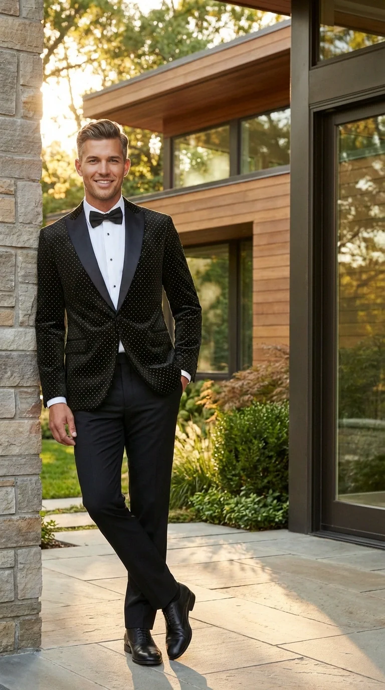 Men’s Black Velvet Dinner Jacket Blazer with Satin Lapel – Formal Evening Tuxedo Style Jacket Polk Dots Pattern + Free bowtie - Image 10