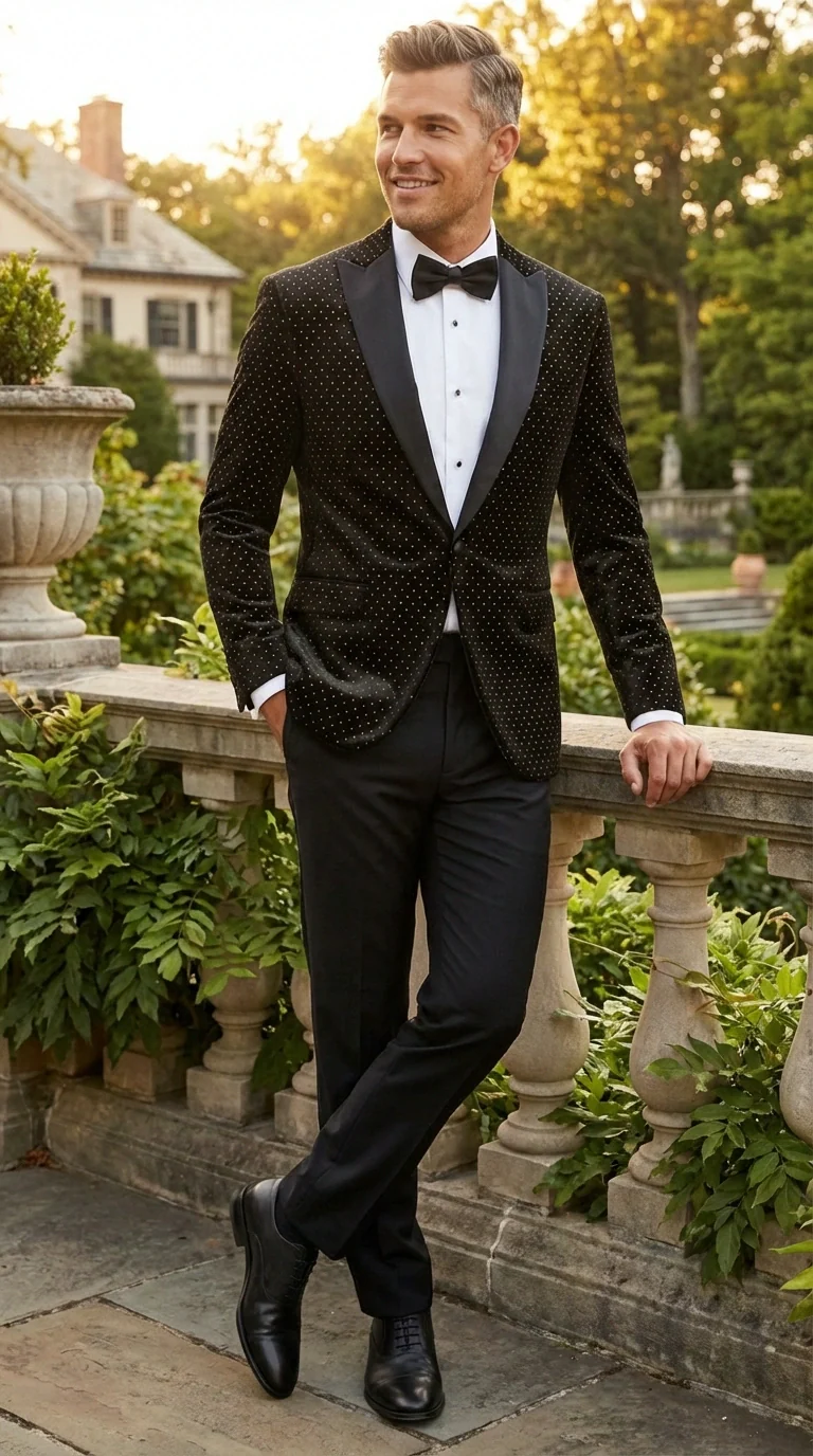 Men’s Black Velvet Dinner Jacket Blazer with Satin Lapel – Formal Evening Tuxedo Style Jacket Polk Dots Pattern + Free bowtie - Image 11