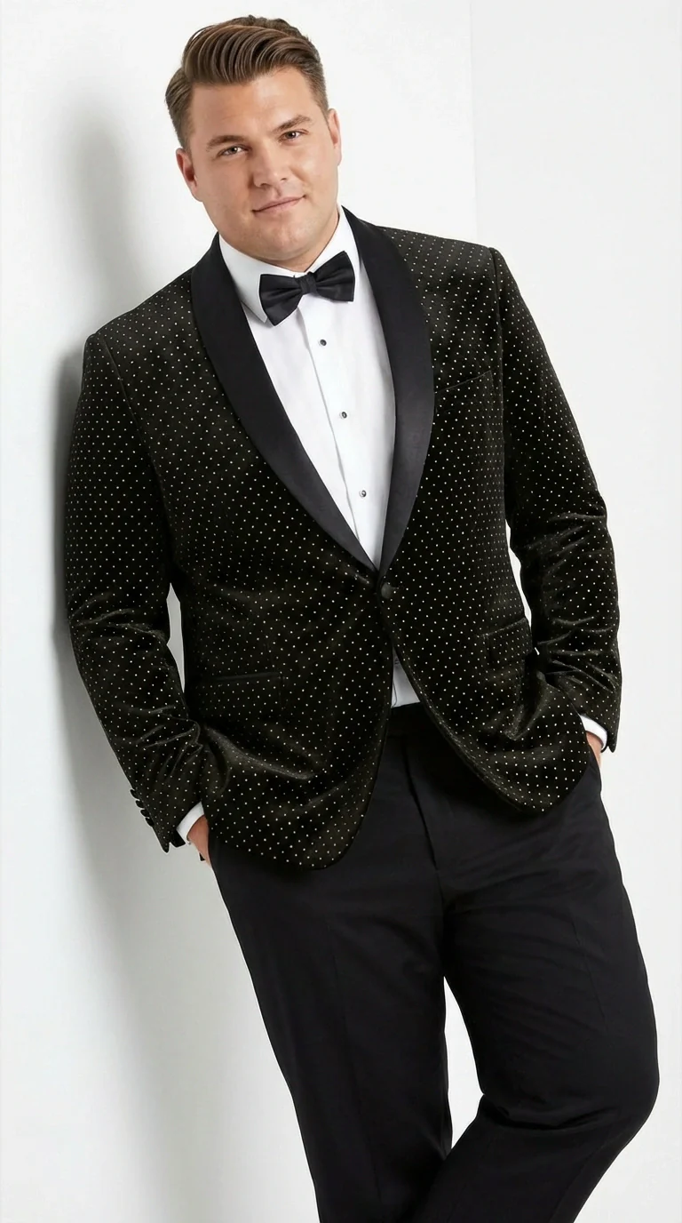 Men’s Black Velvet Dinner Jacket Blazer with Satin Lapel – Formal Evening Tuxedo Style Jacket Polk Dots Pattern + Free bowtie - Image 12