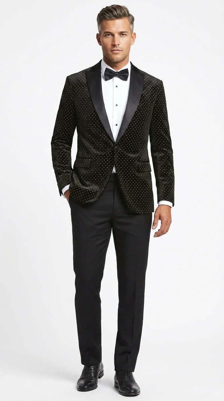 Men’s Black Velvet Dinner Jacket Blazer with Satin Lapel – Formal Evening Tuxedo Style Jacket Polk Dots Pattern + Free bowtie - Image 2