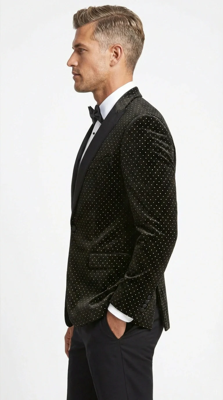 Men’s Black Velvet Dinner Jacket Blazer with Satin Lapel – Formal Evening Tuxedo Style Jacket Polk Dots Pattern + Free bowtie - Image 4