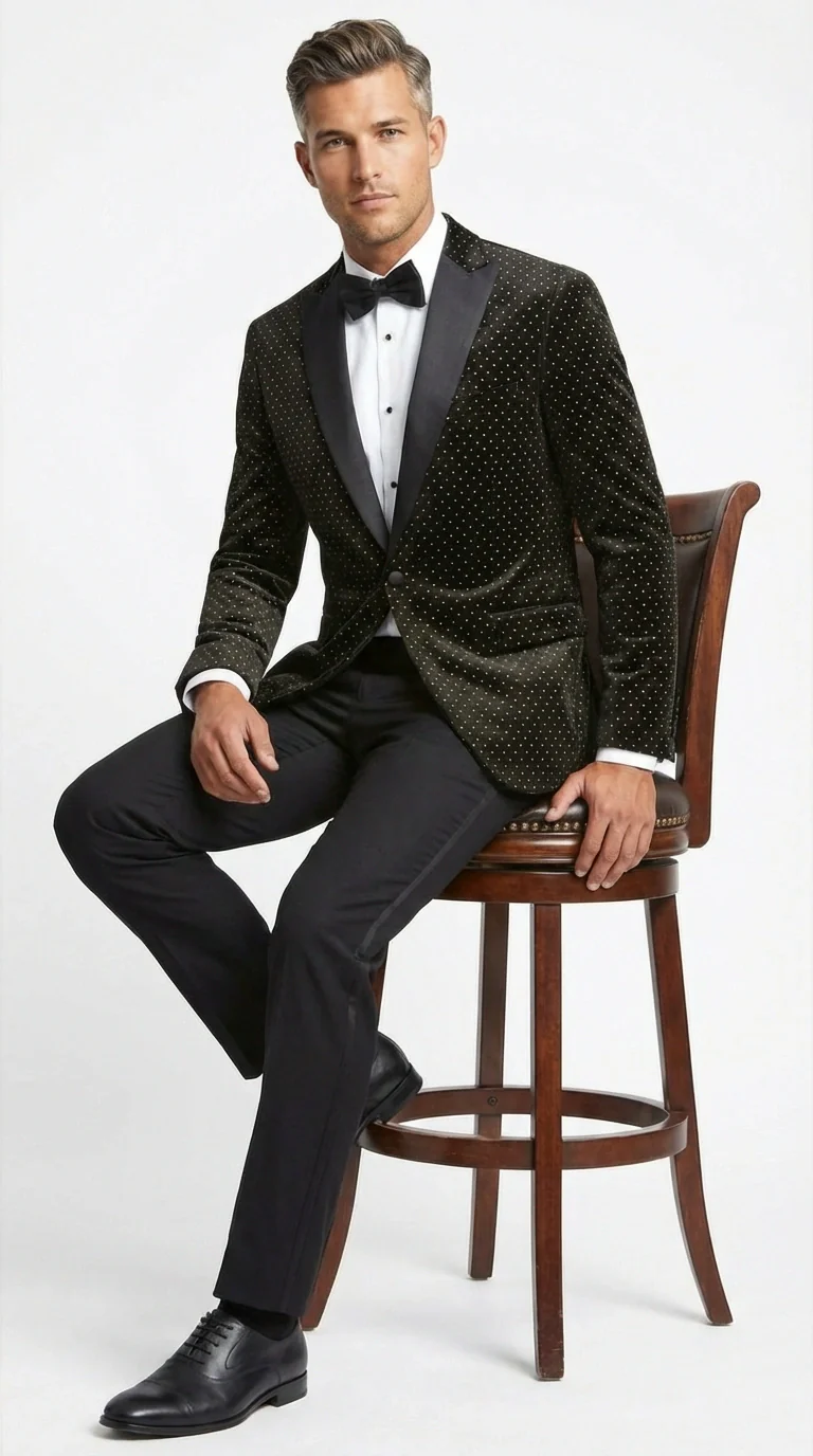 Men’s Black Velvet Dinner Jacket Blazer with Satin Lapel – Formal Evening Tuxedo Style Jacket Polk Dots Pattern + Free bowtie - Image 5