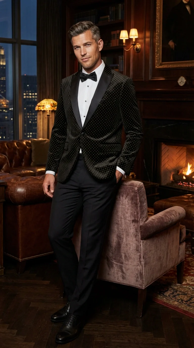 Men’s Black Velvet Dinner Jacket Blazer with Satin Lapel – Formal Evening Tuxedo Style Jacket Polk Dots Pattern + Free bowtie - Image 7