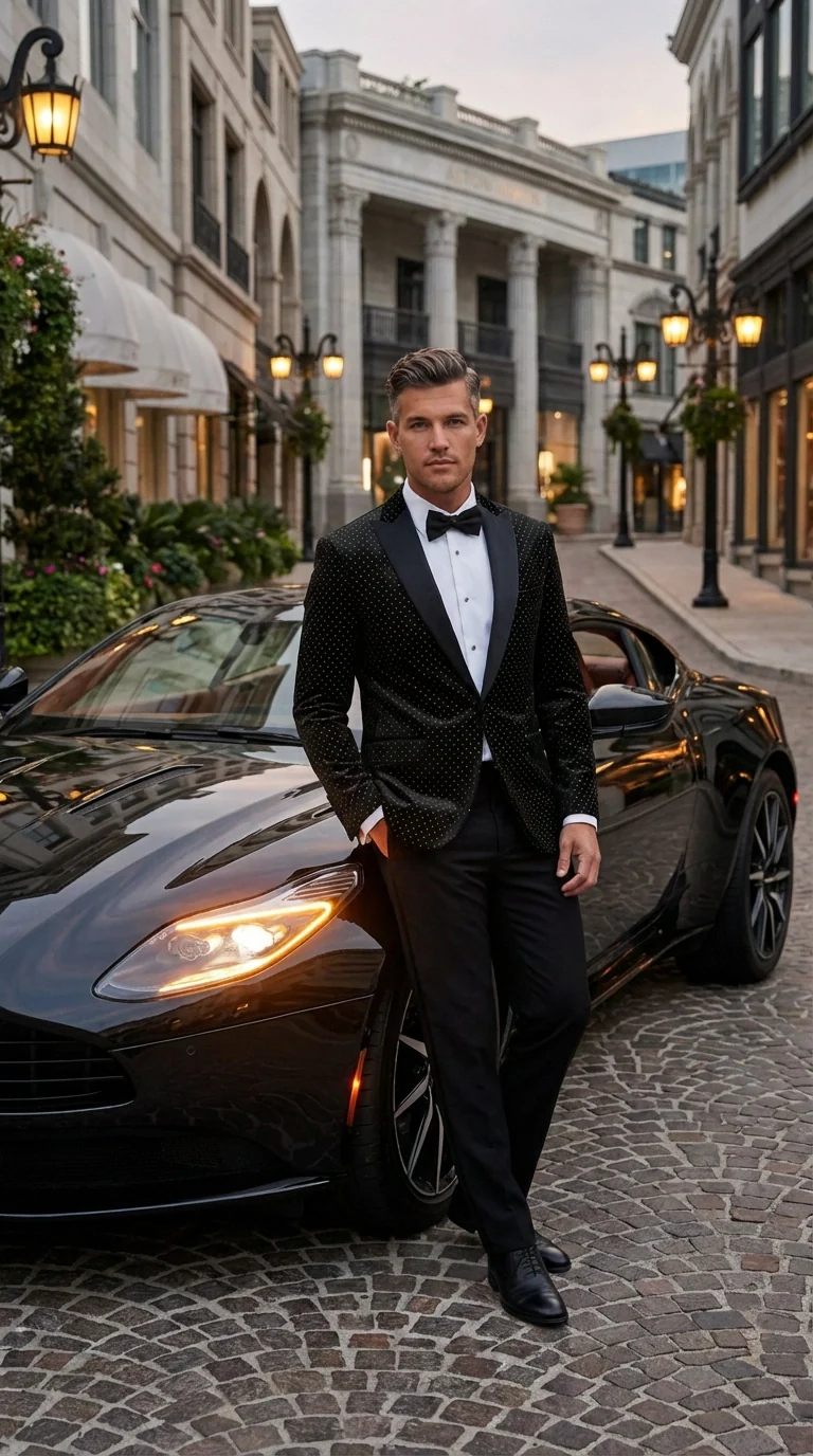 Men’s Black Velvet Dinner Jacket Blazer with Satin Lapel – Formal Evening Tuxedo Style Jacket Polk Dots Pattern + Free bowtie - Image 9