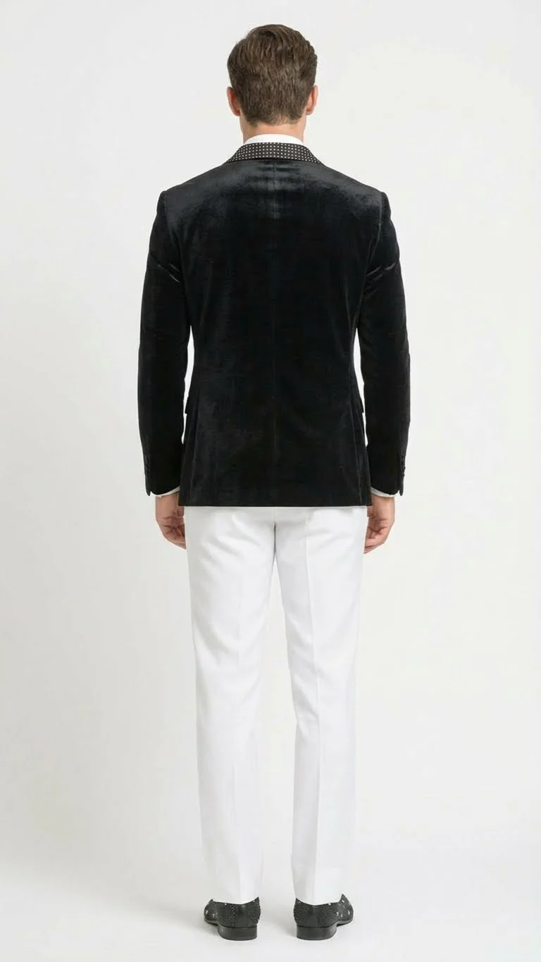 Men’s Black Velvet Tuxedo Blazer with Studded Lapel – Formal Evening Jacket - Image 2