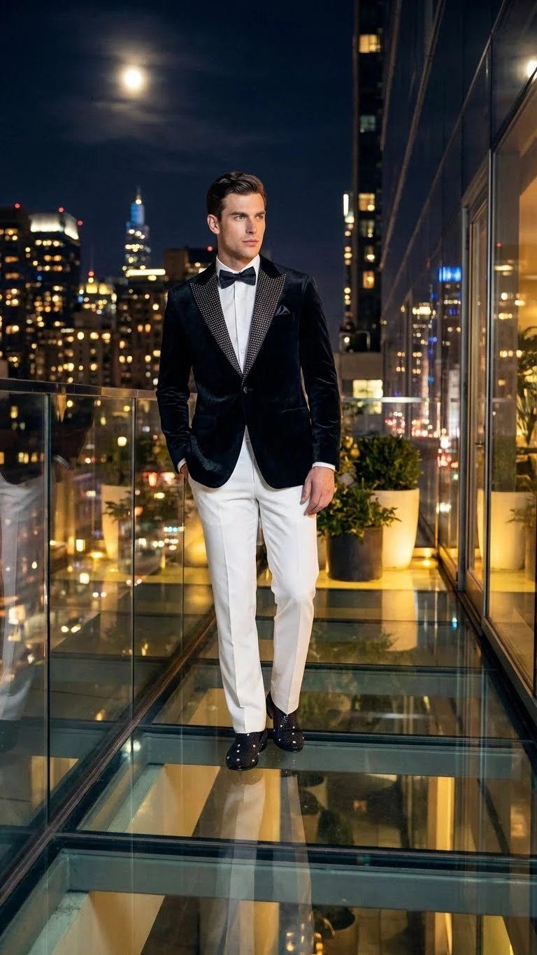 Men’s Black Velvet Tuxedo Blazer with Studded Lapel – Formal Evening Jacket - Image 7